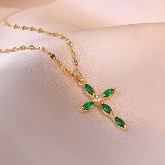 Gold Smaragd Marquise Kreuz Halskette