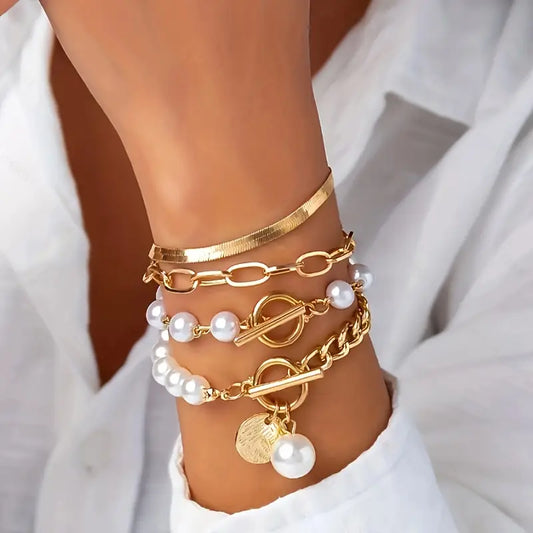 Chic Gold 4-Piece Armband-Set - Schlangen, Perlen & Links | Gold